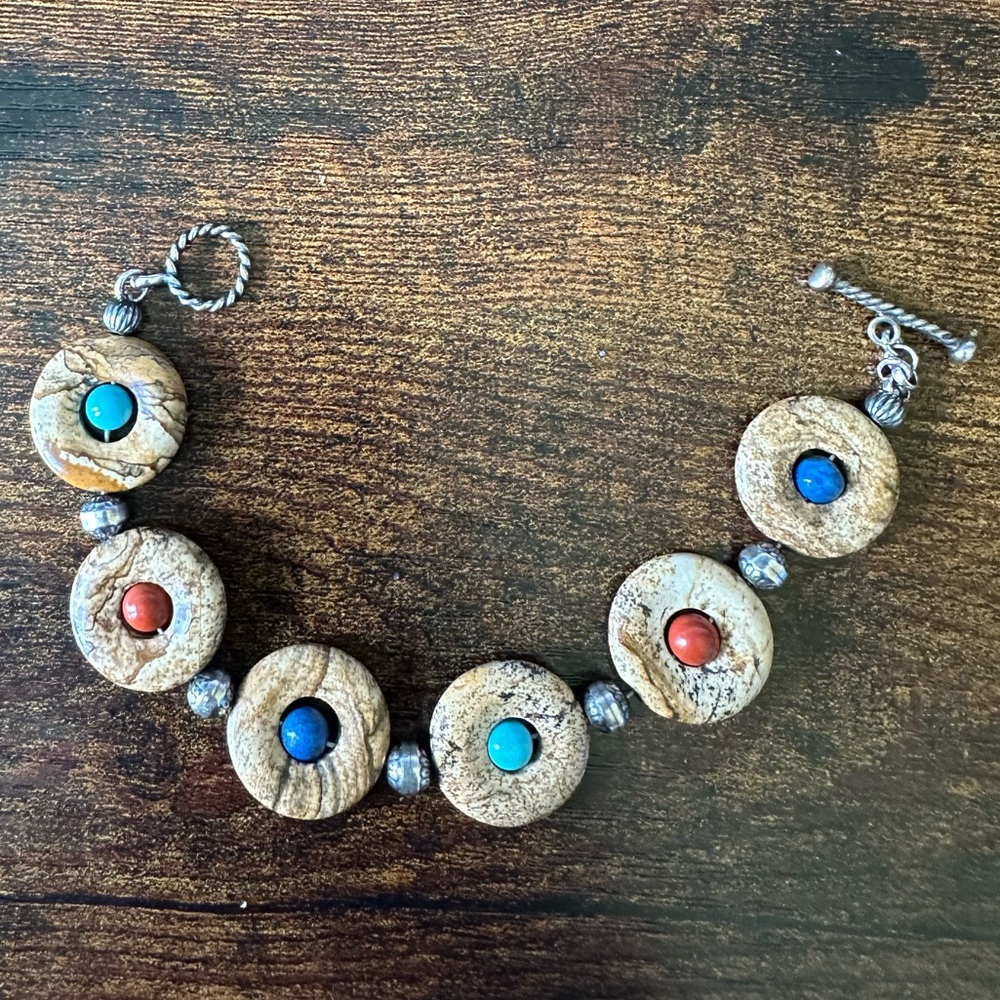 Southwestern Sterling Silver Carved Jasper Turquoise Lapis Toggle Bracelet